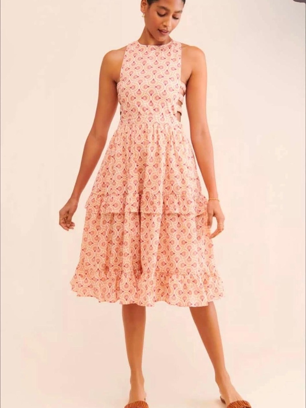 Anthropologie Pink Patterned Tiered Midi Dress